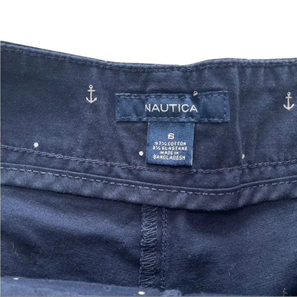 Nautica Navy & Anchor Print Comfort Tailored Stretch Cotton Shorts Sz 6